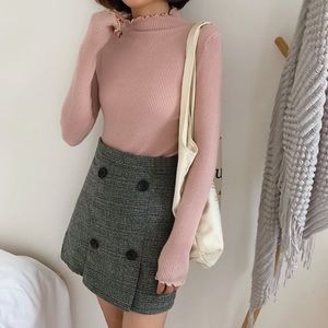 Pink Mock Neck Lettuce Hem Top